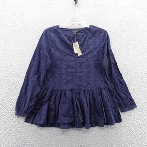 J Crew Swiss Dot Peplum Blouse Size 2 Navy Blue‎ Cotton Women Long Sleeve NWT